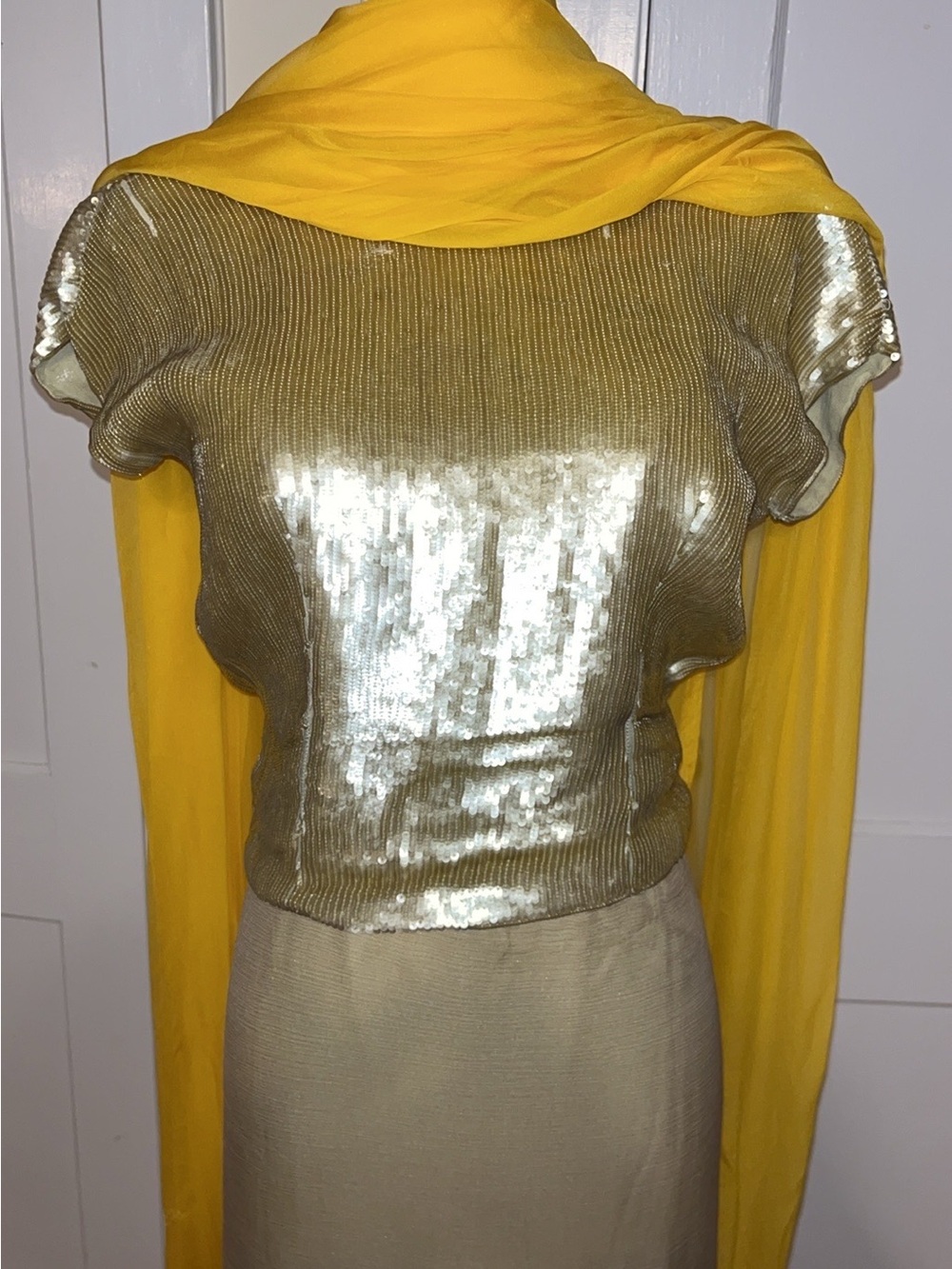 Oscar de la Renta Archival Runway 3-Piece Celadon Sequin Silk Gown Yellow shawl - Picture 2 of 11